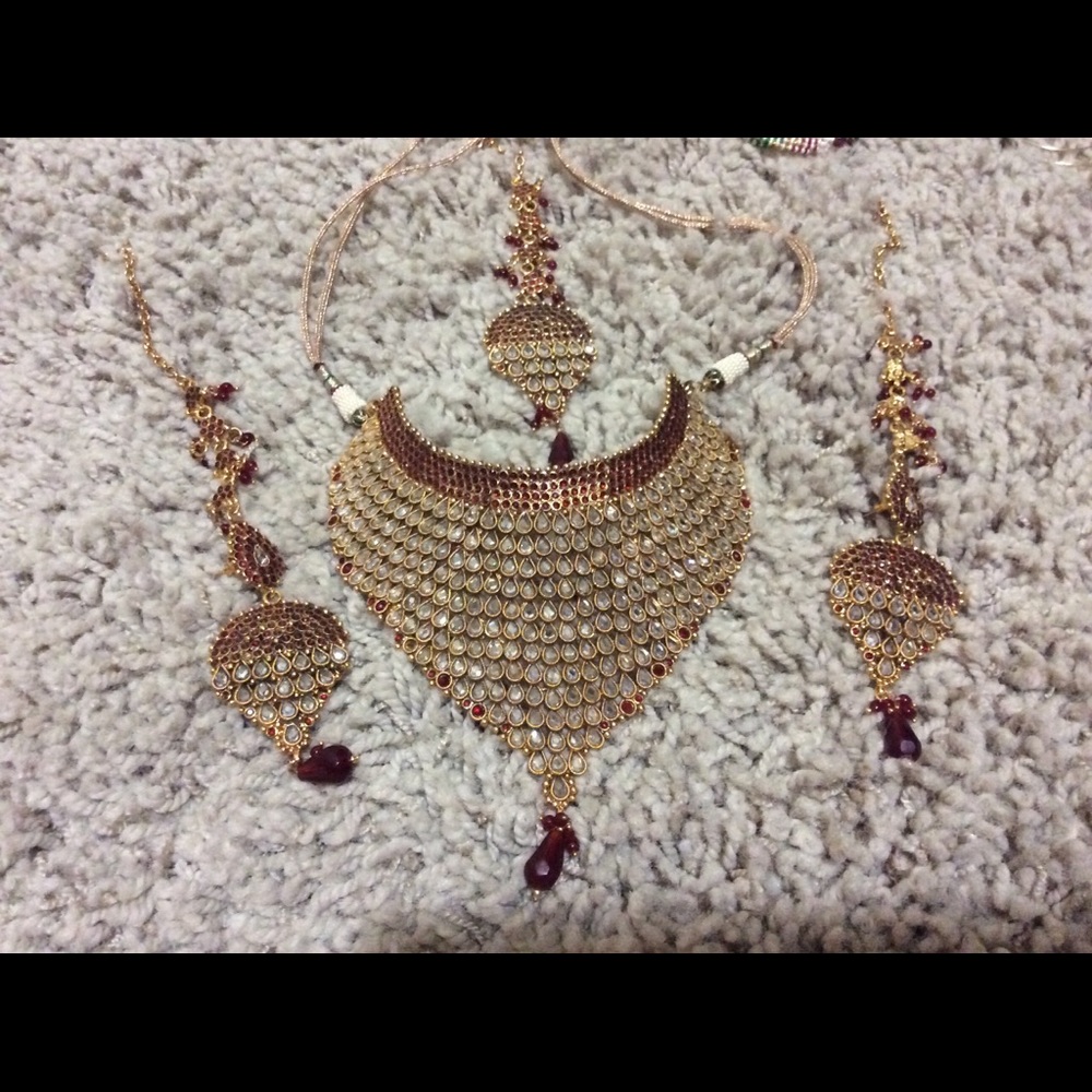 Red maroon gold Indian necklace set